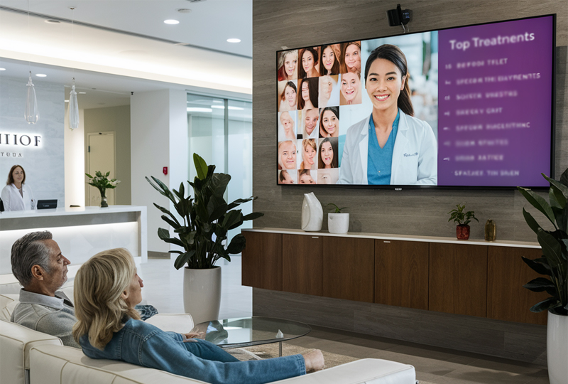 Two Patients in Med Spa Lobby Watching Med Spa Marketing on a TV