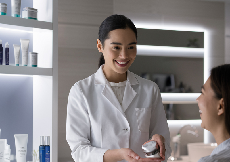 Med Spa Employee Selling Medical Grade Skin Care to Smiling Woman