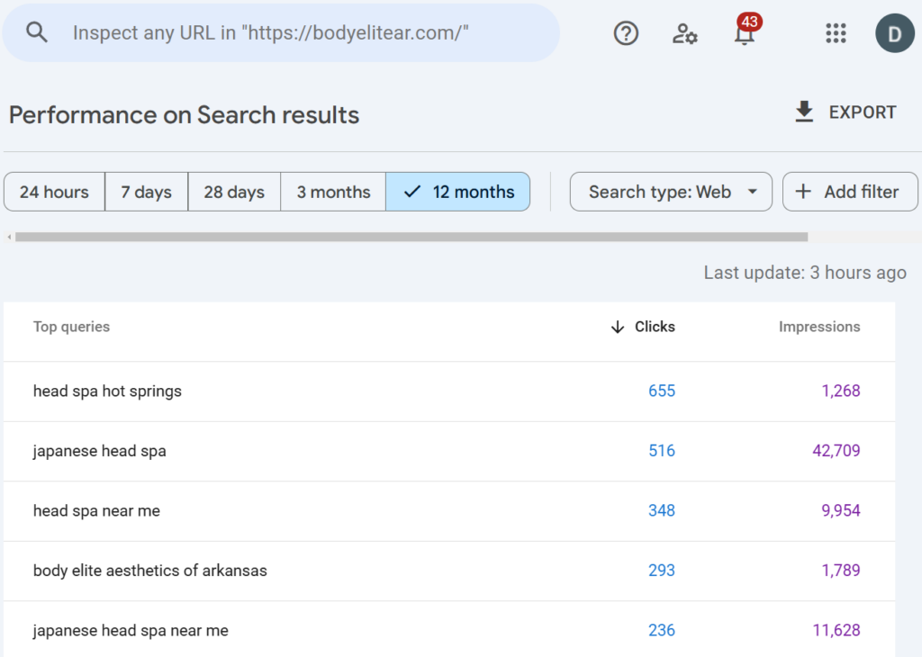 Body Elite - search console top queries