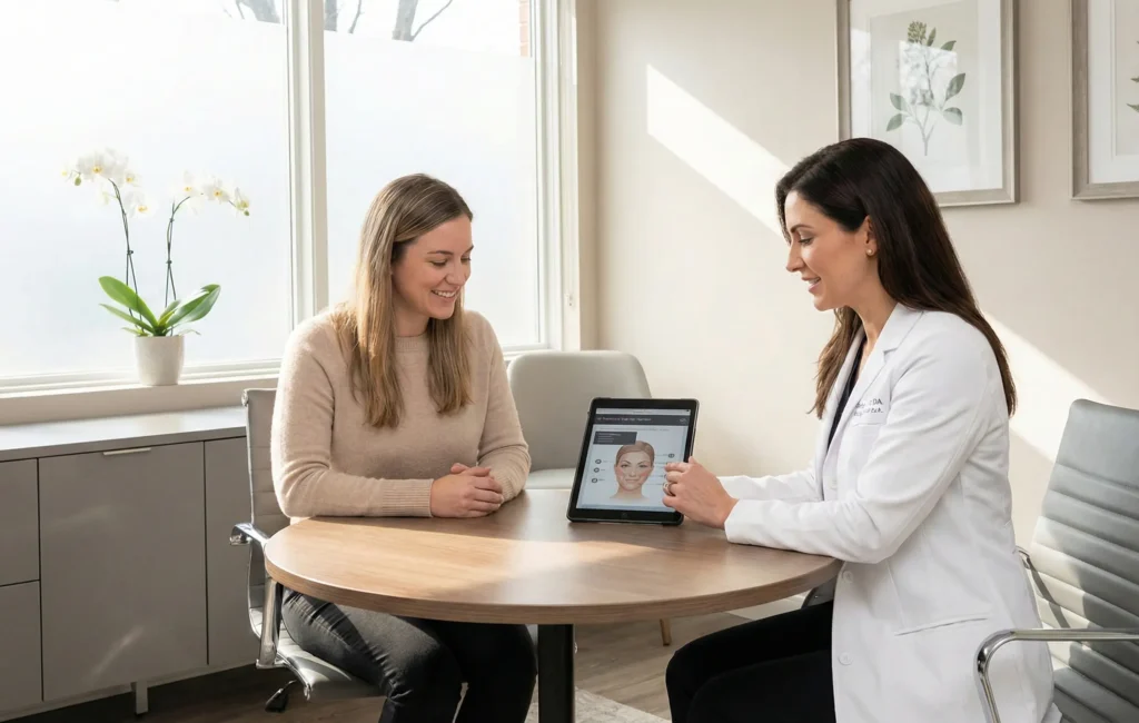 Med spa provider conducting professional consultation with patient using digital treatment plan