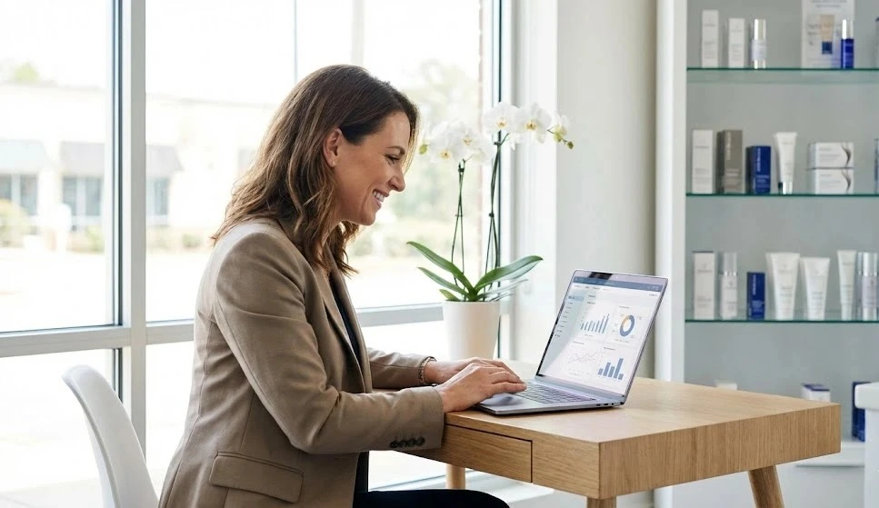 Successful med spa owner reviewing revenue growth metrics and business performance