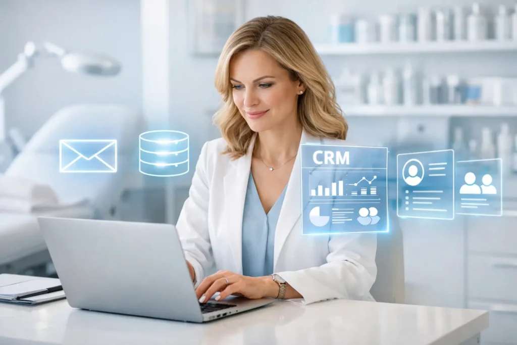 med spa owner working on laptop in modern aesthetic clinic office