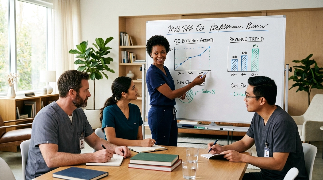 A small diverse team of med spa professionals in a bright staff meeting room reviewing a whiteboard with simple growth charts, collaborative and focused mood