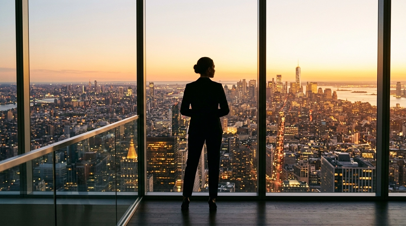 A silhouette of a businesswoman standing in front of a large window looking out at a city skyline at golden hour, symbolizing leadership and vision